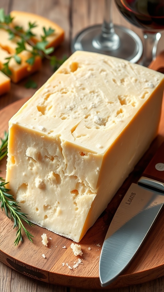A block of Parmesan cheese with shavings on a wooden board, accompanied by a knife and herbs.